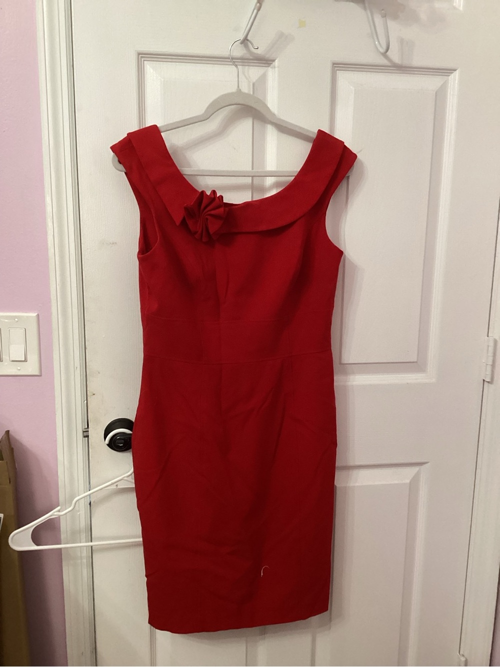 Calvin Klein Red Sleeveless Sheath Dress with Rosette Collar